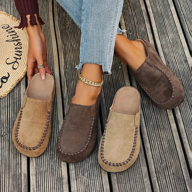 Slip-On Leather Sandals with Orthopedic, Soft Suede-Look Upper and Flat Sole