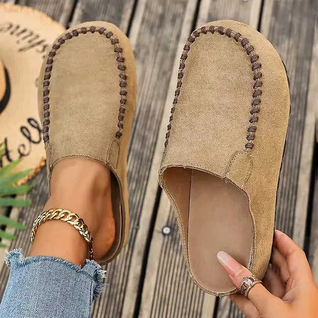 Leather Slip-On Orthopedic Sandals with Suede-Like Soft Upper and Flat Sole