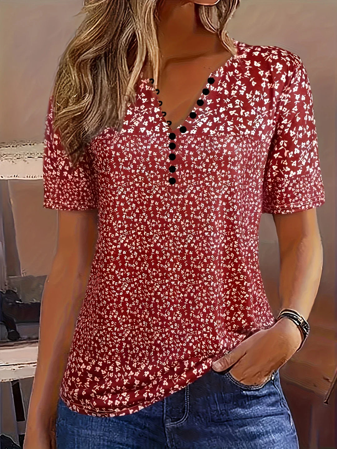 Casual Summer Top with V-Neck, Button Closure, and Short Sleeves