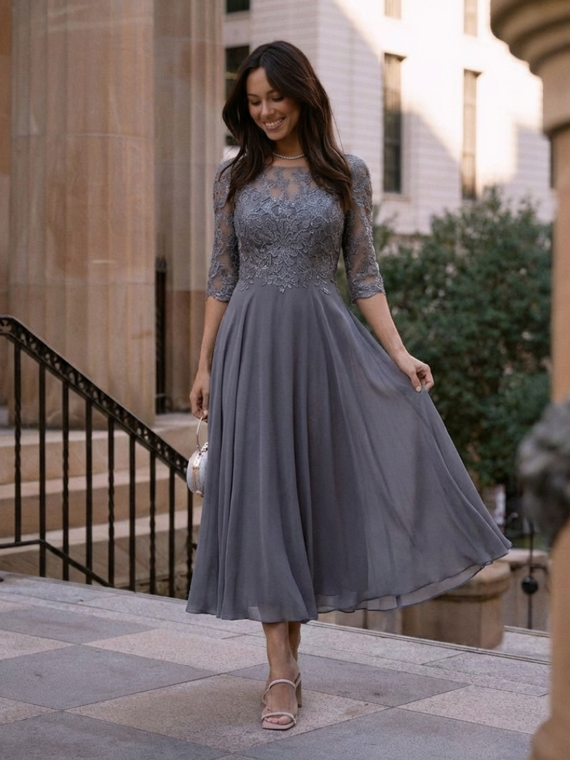 Women's Midi Dress Lace Bodice with Sheer Sleeves