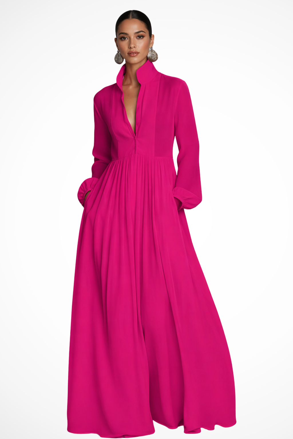 Women's Long Sleeve Maxi Dress with Buttons and Pockets