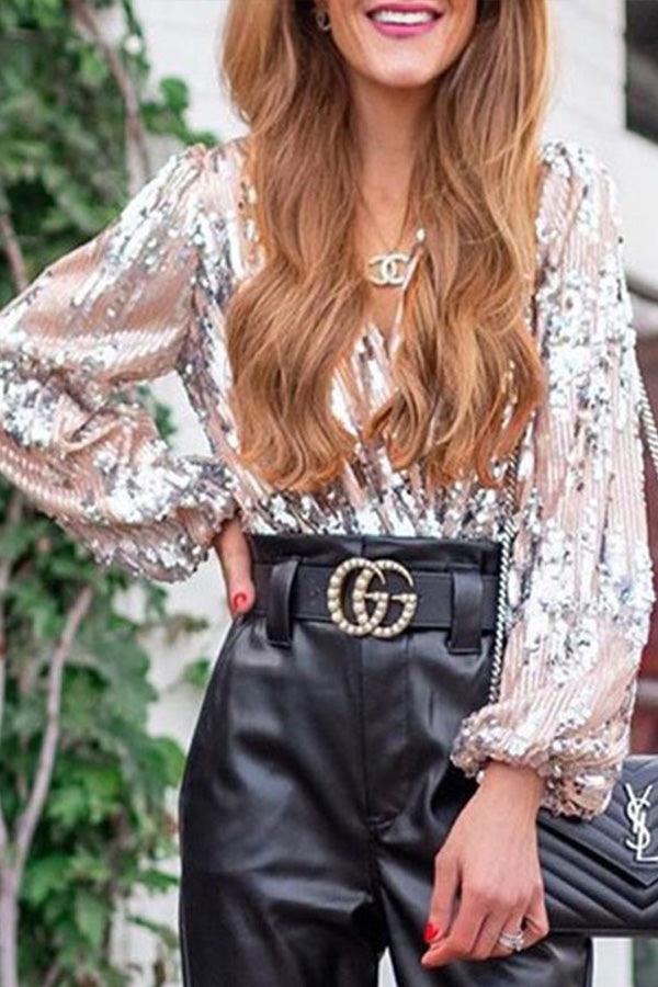 Sparkling & Stylish Women's Glitter V-Neck Long-Sleeve Top – Naya