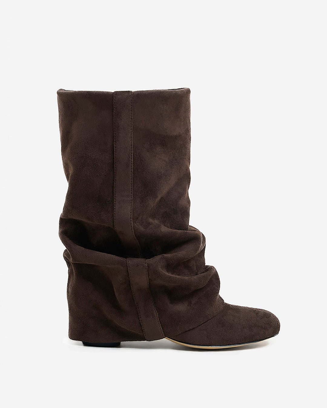 Women's slouchy knee-high boots with concealed heel, round toe, dark chocolate