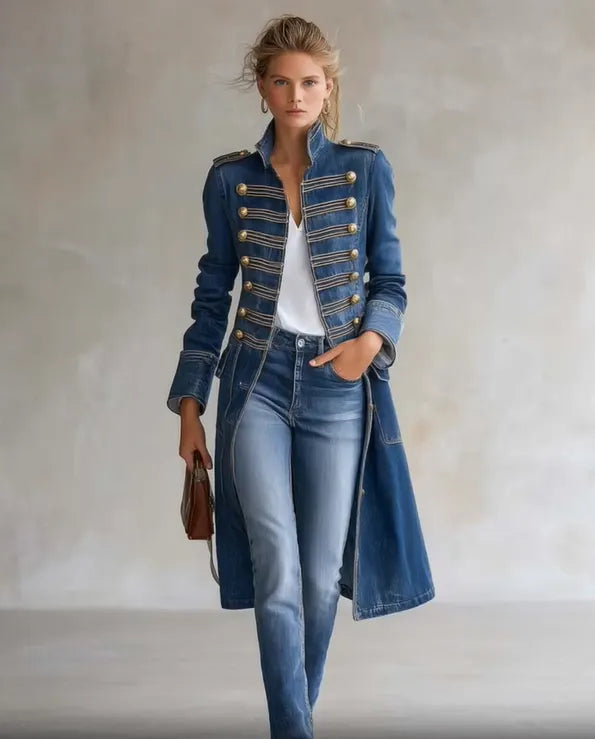Women's long military-style double-breasted coat with officer collar