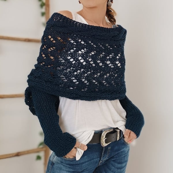 Double-Sleeve Wrap Scarf - Cozy Knit Scarf with Built-In Sleeves