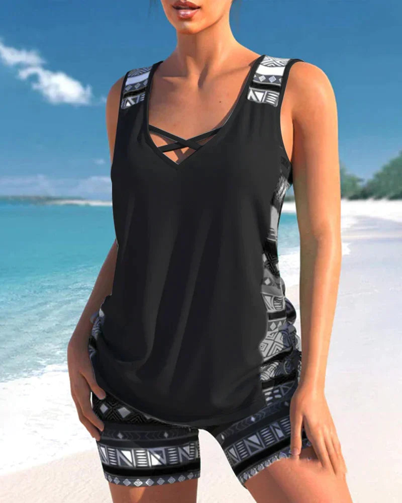 Trendy Swimwear with V-Neck & Geometric Pattern – Madonna Tankini Set