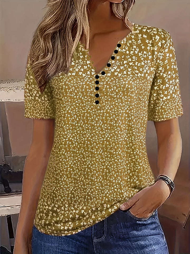 Casual Summer Top with V-Neck, Button Closure, and Short Sleeves
