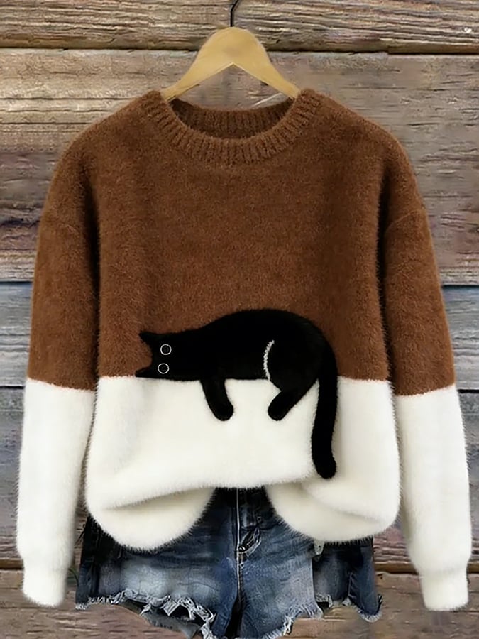 Oversized Sweater with Cat Print