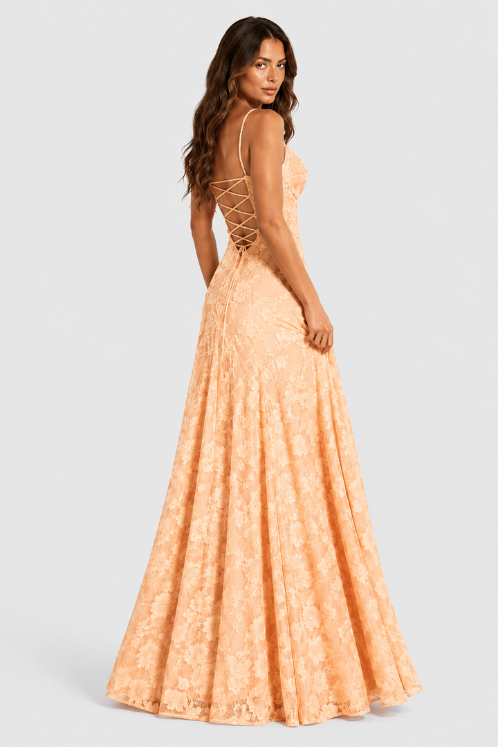 Raised 3D floral lace A-line midi-maxi dress with draped neckline