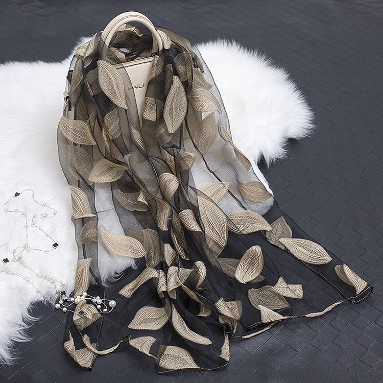 Silk Scarf with Cut Flower Pattern and Blank Motif