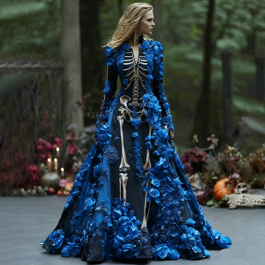 Women's Long-Sleeve Skeleton Floral Maxi Dress for Halloween Parties
