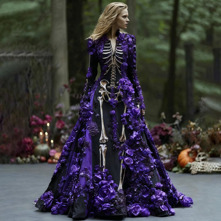 Women's Long-Sleeve Skeleton Floral Maxi Dress for Halloween Parties