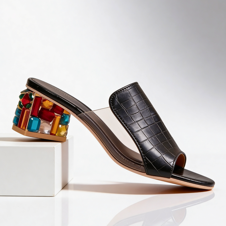 Women's Rhinestone Block Heel Slides - Peep-Toe Sandals