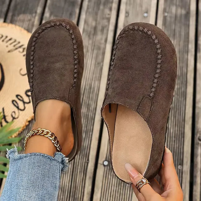 Slip-On Leather Sandals with Orthopedic, Soft Suede-Look Upper and Flat Sole