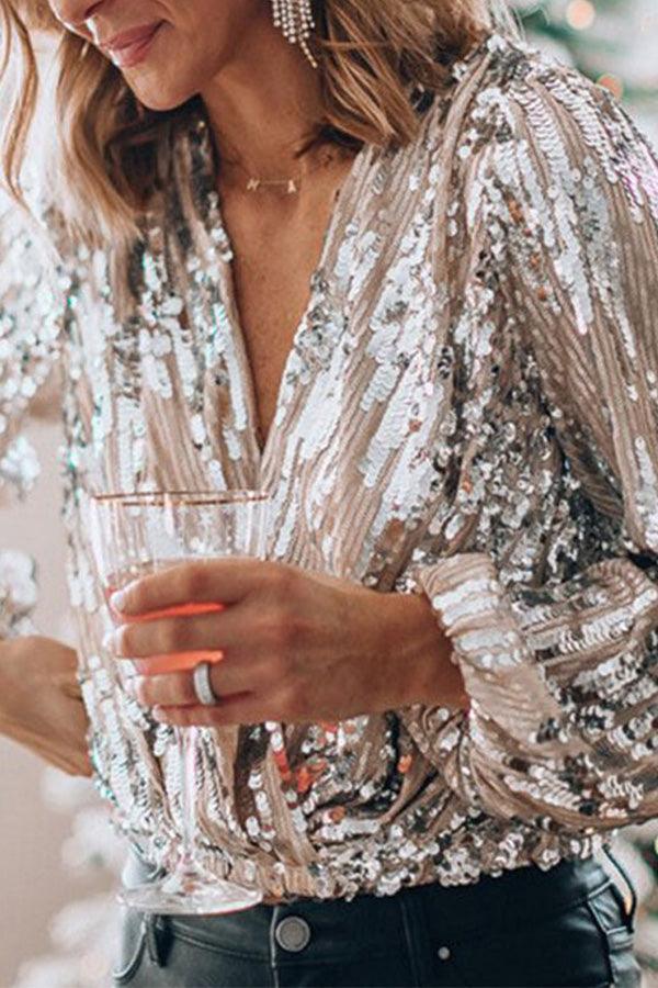 Sparkling & Stylish Women's Glitter V-Neck Long-Sleeve Top – Naya