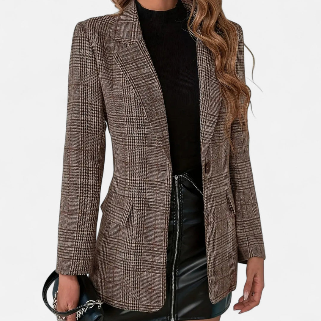 Women's Checked Single-Breasted Blazer, Fitted, Brown
