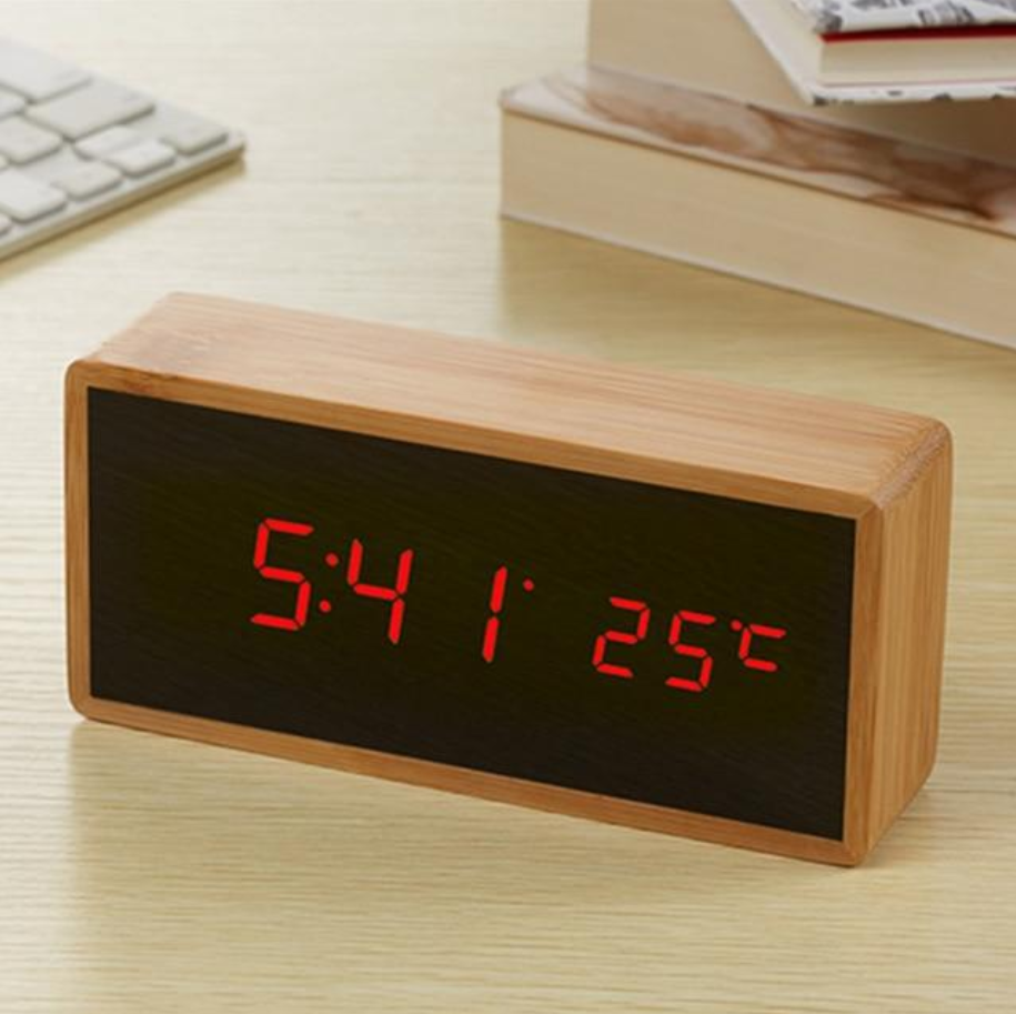 Digital Wooden Alarm Clock with LED Display – Time and Temperature