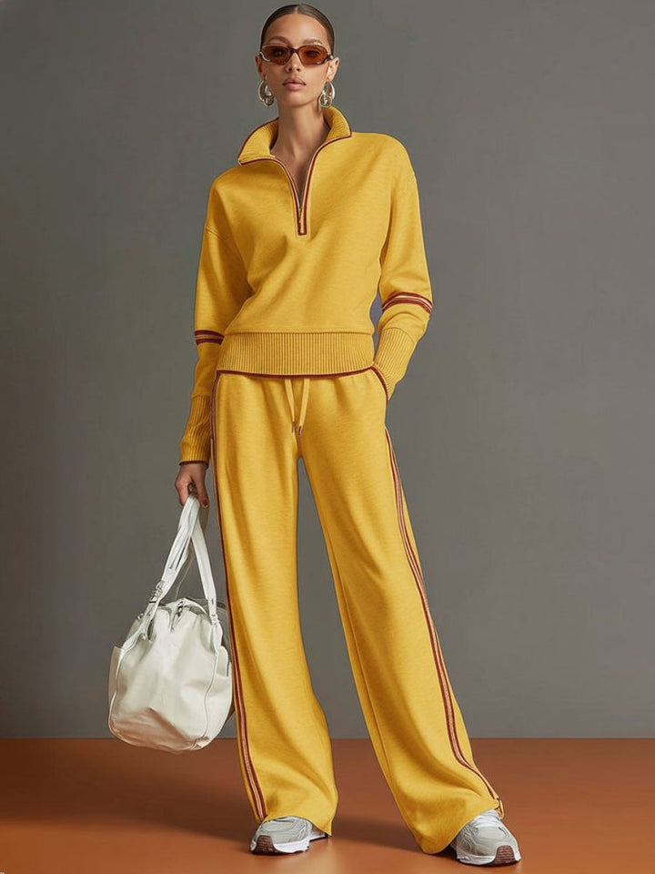 Women's Half-Zip Lounge Set – Soft Stretch, Wide-Leg Pants, Ideal Travel Outfit
