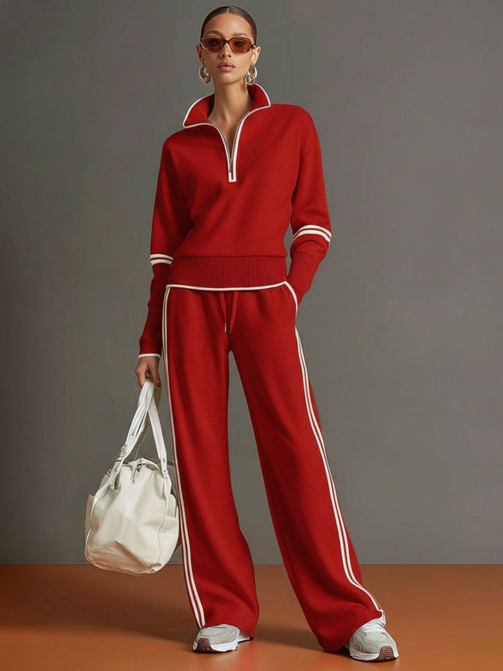 Women's Half-Zip Lounge Set – Soft Stretch, Wide-Leg Pants, Ideal Travel Outfit