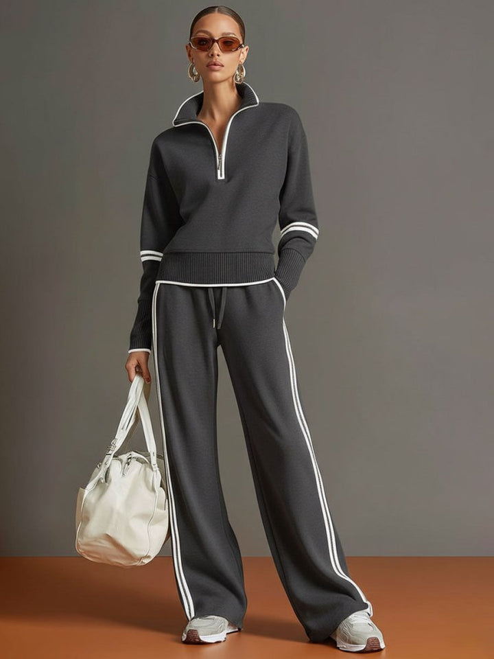 Women's Half-Zip Lounge Set – Soft Stretch, Wide-Leg Pants, Ideal Travel Outfit