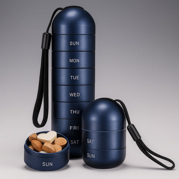 Aluminum pill box with 7 compartments | Compact, shock-resistant travel container