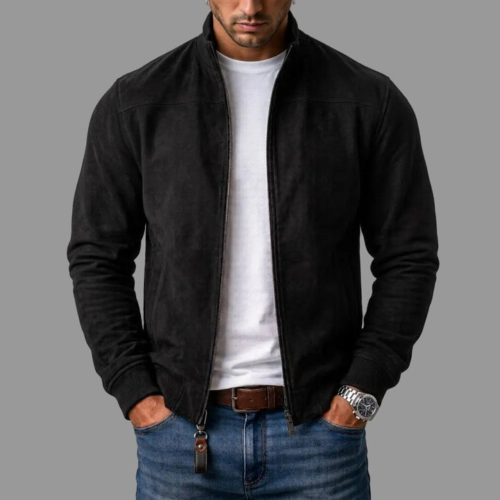 Men's Faux Suede Bomber Jacket with Stand Collar and Full-Length Zip
