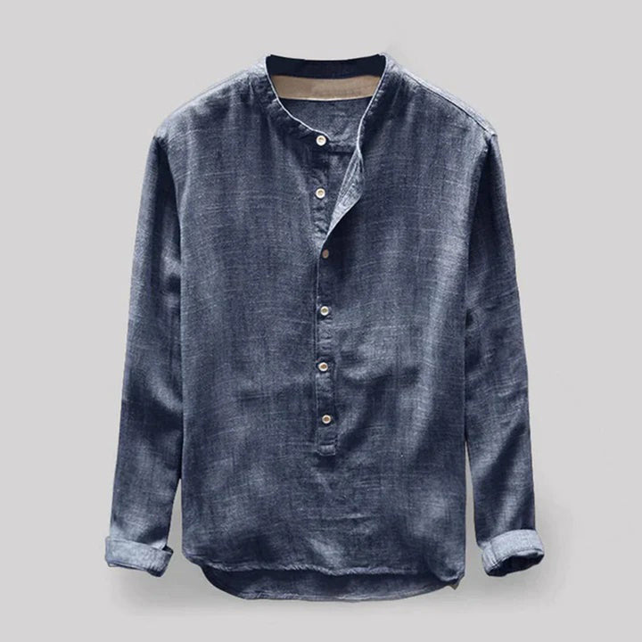 Men's Linen-Look Long-Sleeve Mandarin Collar Shirt – Elian