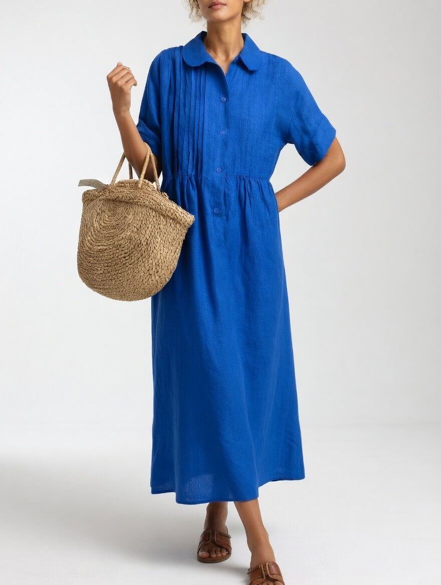 Casual Cotton Maxi Shirt Dress with Button Placket and Short Sleeves