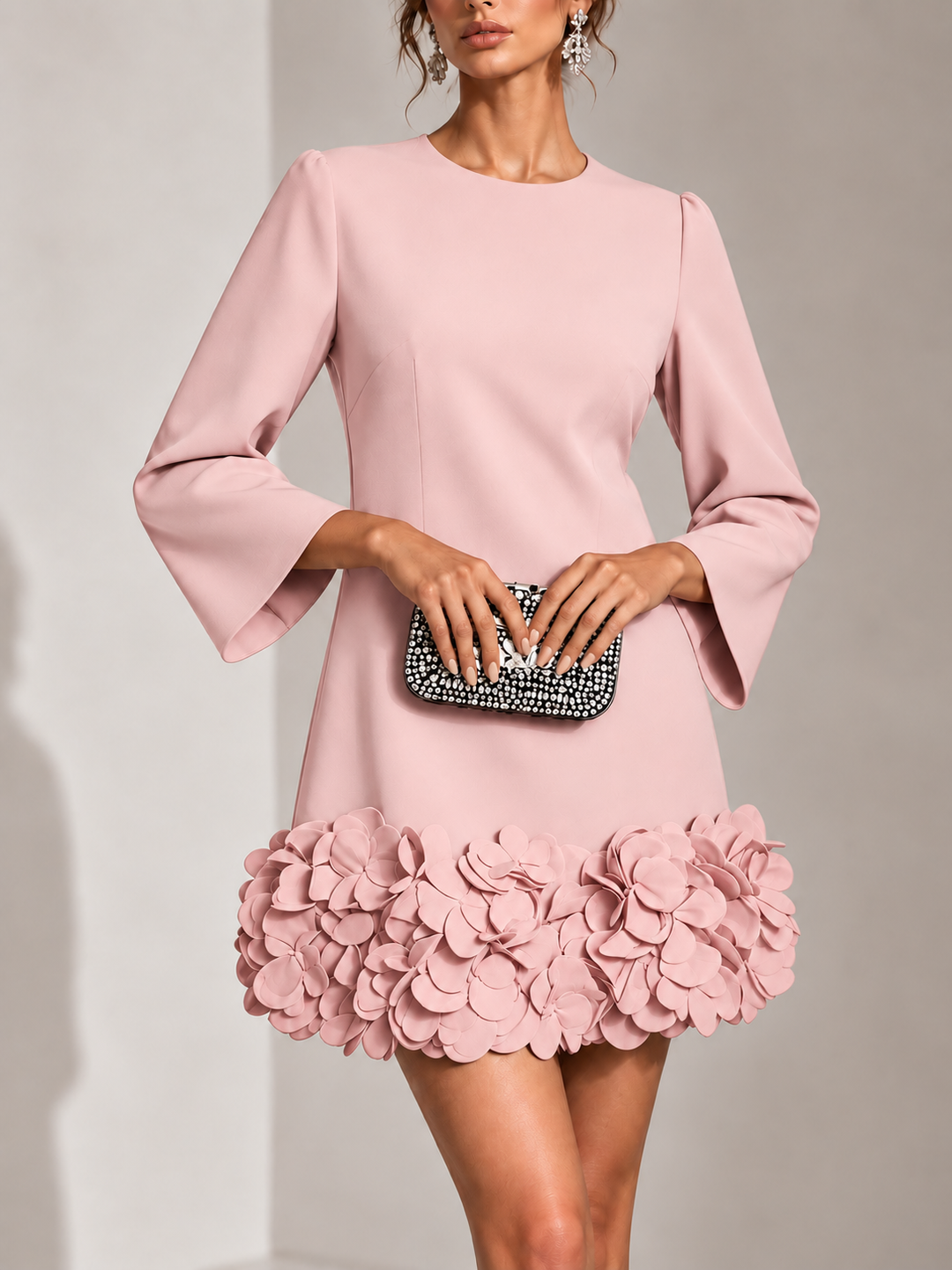 Elegant Short Dress with 3D Floral Appliqué and Flared Long Sleeves