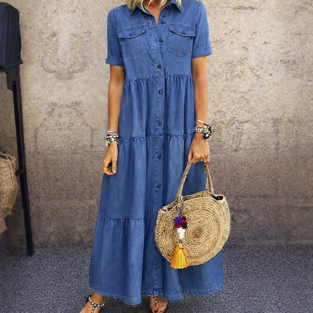 Denim-print midi dress