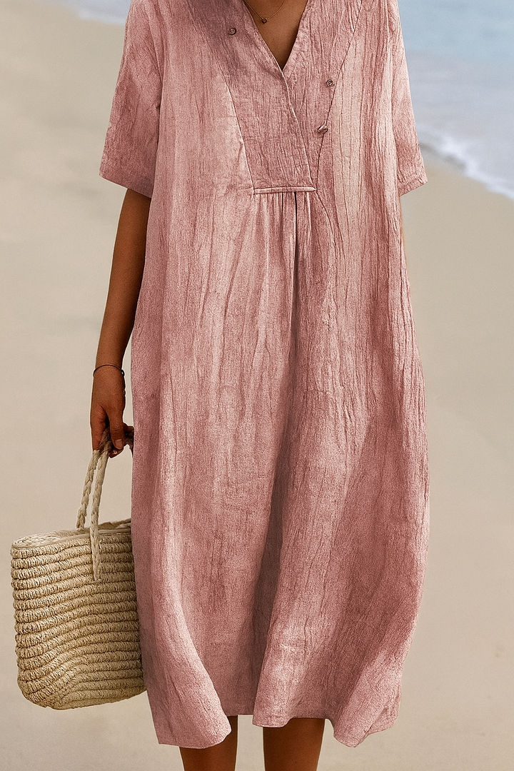 Relaxed Beach Dress with V‑Neck and  Short Sleeves
