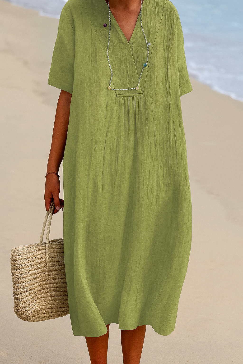 Relaxed Beach Dress with V‑Neck and  Short Sleeves