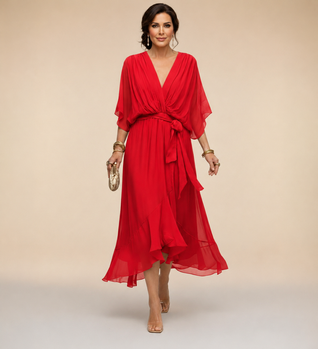 Women's Midi Wrap Dress with V-Neck and 3/4 Sleeves