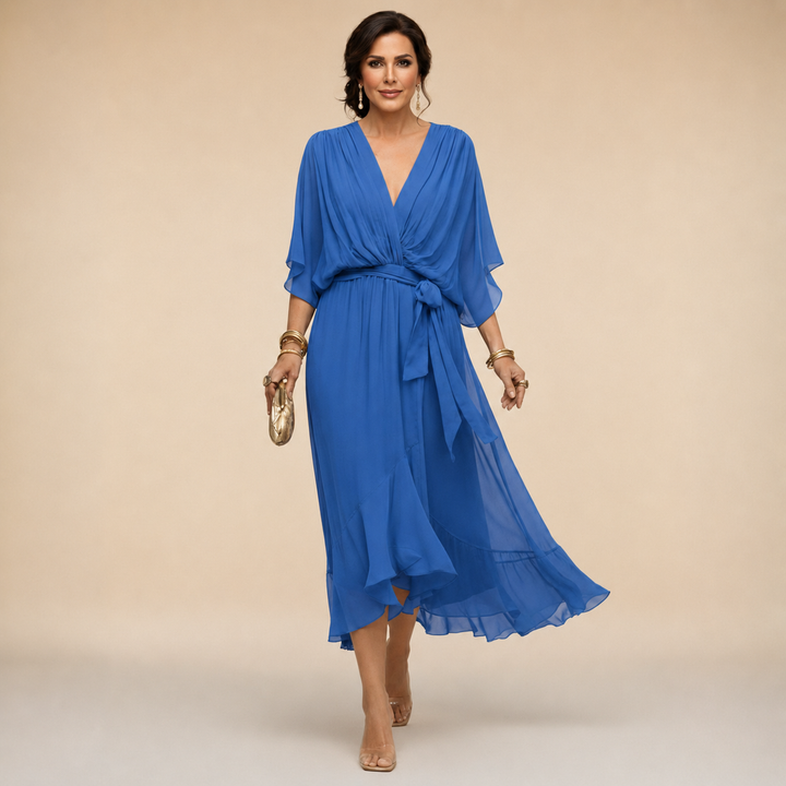 Women's Midi Wrap Dress with V-Neck and 3/4 Sleeves