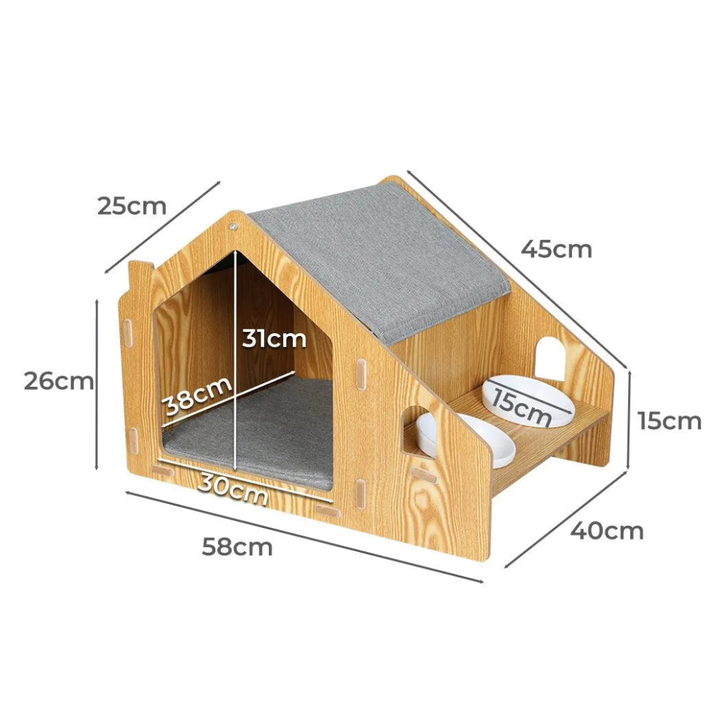 Wooden Cat House with Elevated Double Feeder