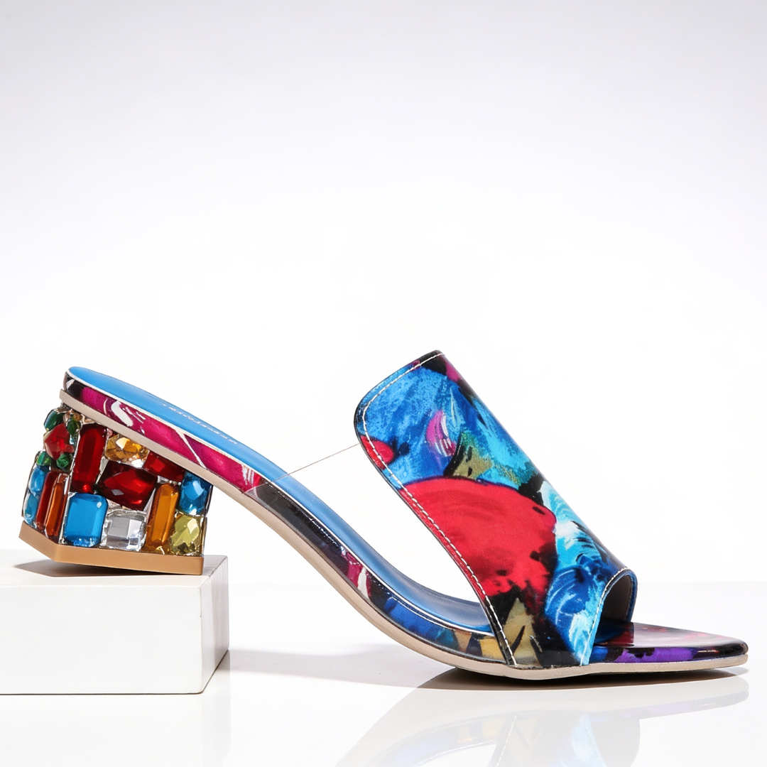 Women's Rhinestone Block Heel Slides - Peep-Toe Sandals