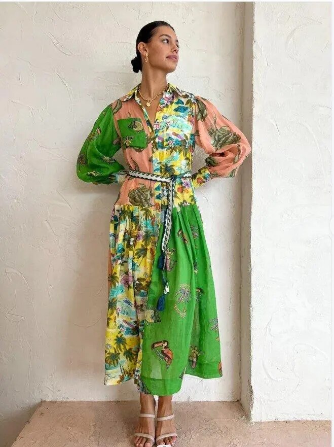 Flared Midi Dress with an All-Over Graphic Print - Lela