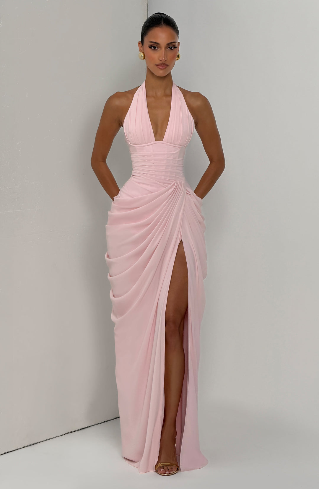Linde Halterneck Maxi Dress with Corset Bodice and Chiffon Skirt