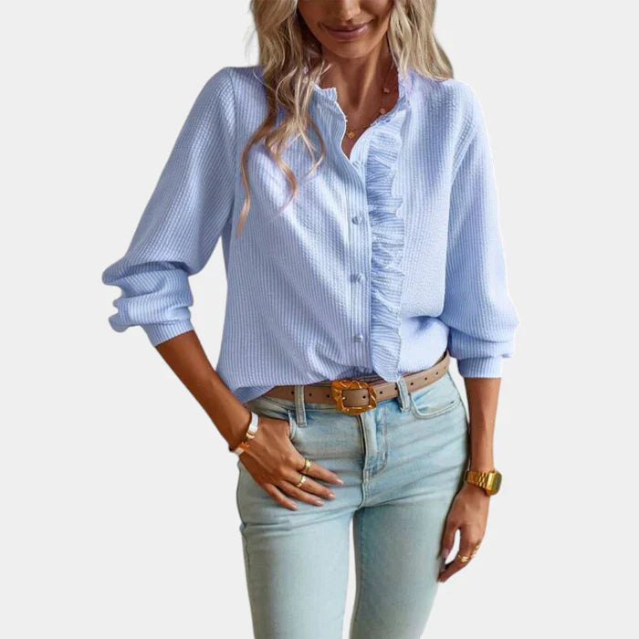 Striped Women's Blouse with Ruffles and Elegant Button Closure