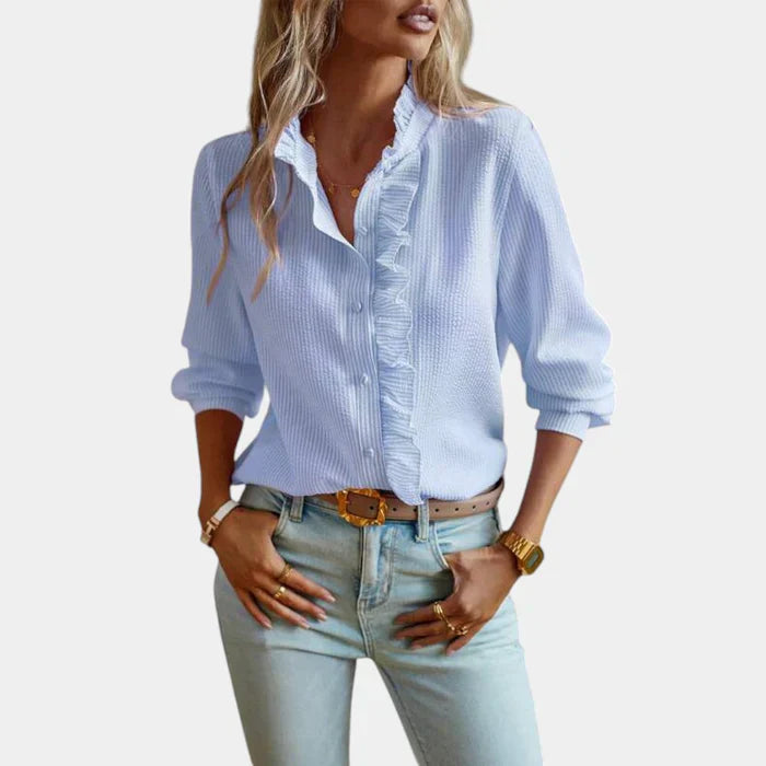 Striped Women's Blouse with Ruffles and Elegant Button Closure