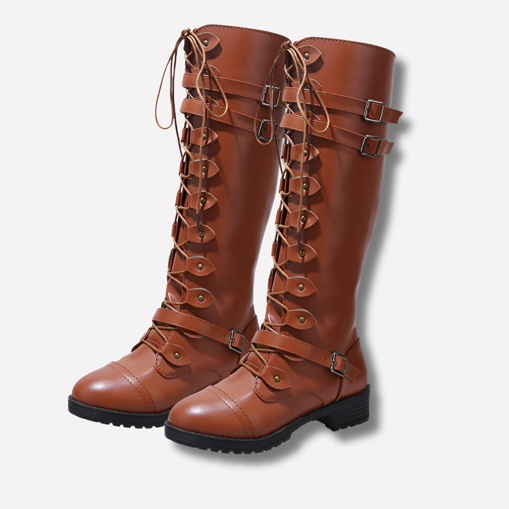 Retro Lace-Up Boots with Buckle for Women