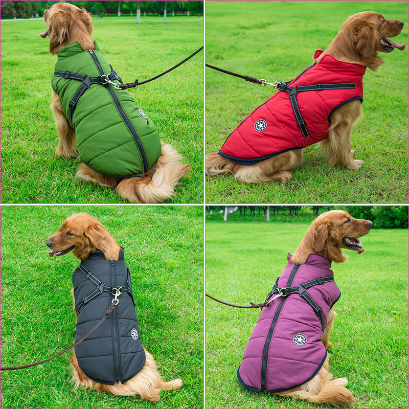 Reflective Dog Jacket with Built-In Harness, Windproof and Water-Repellent