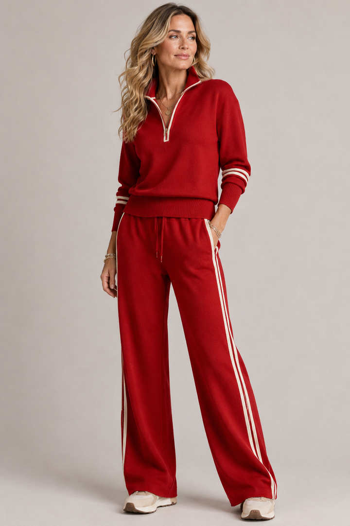 Knitted Two-Piece Set with Quarter-Zip Sweater and Wide-Leg Pants