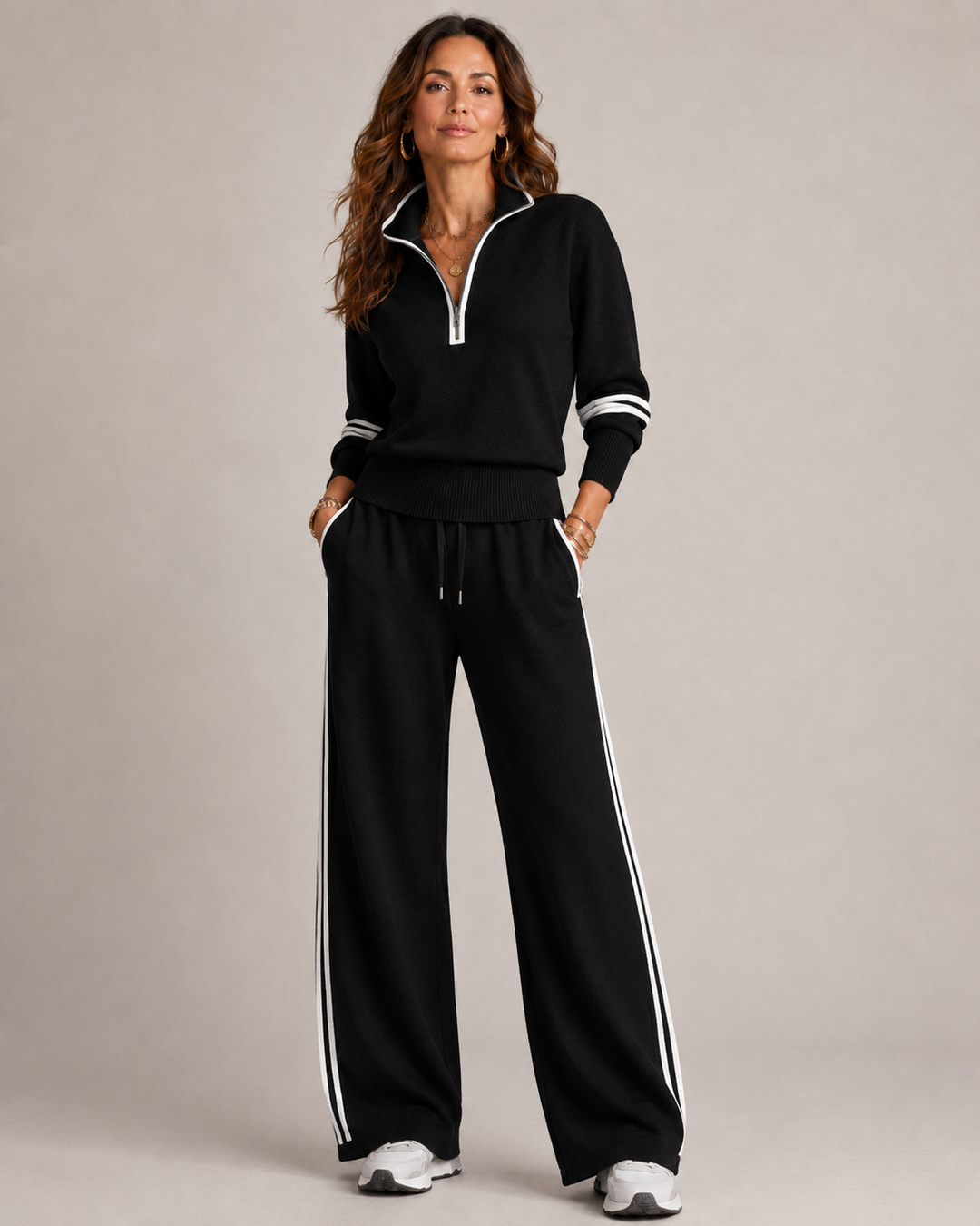 Knitted Two-Piece Set with Quarter-Zip Sweater and Wide-Leg Pants