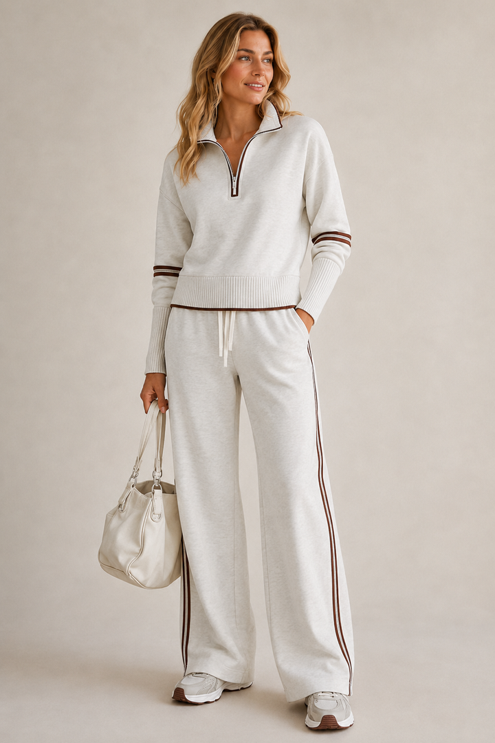 Knitted Two-Piece Set with Quarter-Zip Sweater and Wide-Leg Pants