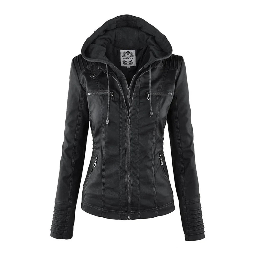 Melody – Faux Leather Biker Jacket with Hood