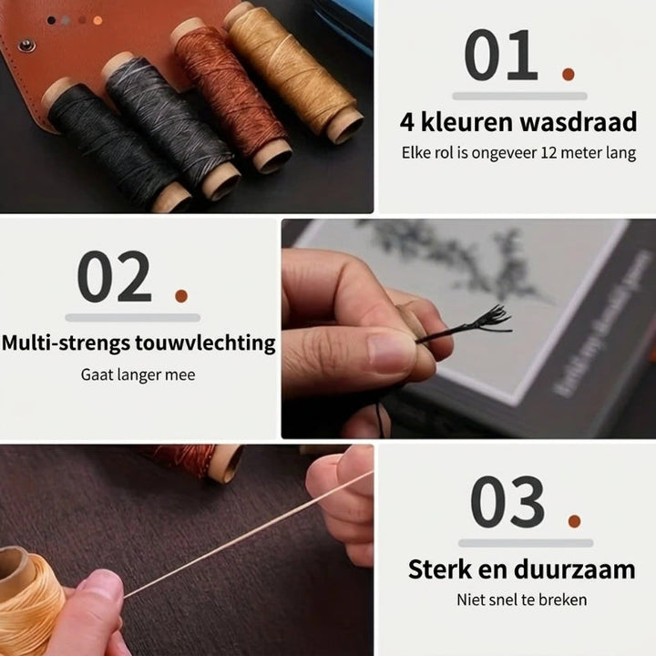 Leather sewing kit with waxed thread and precision needles.