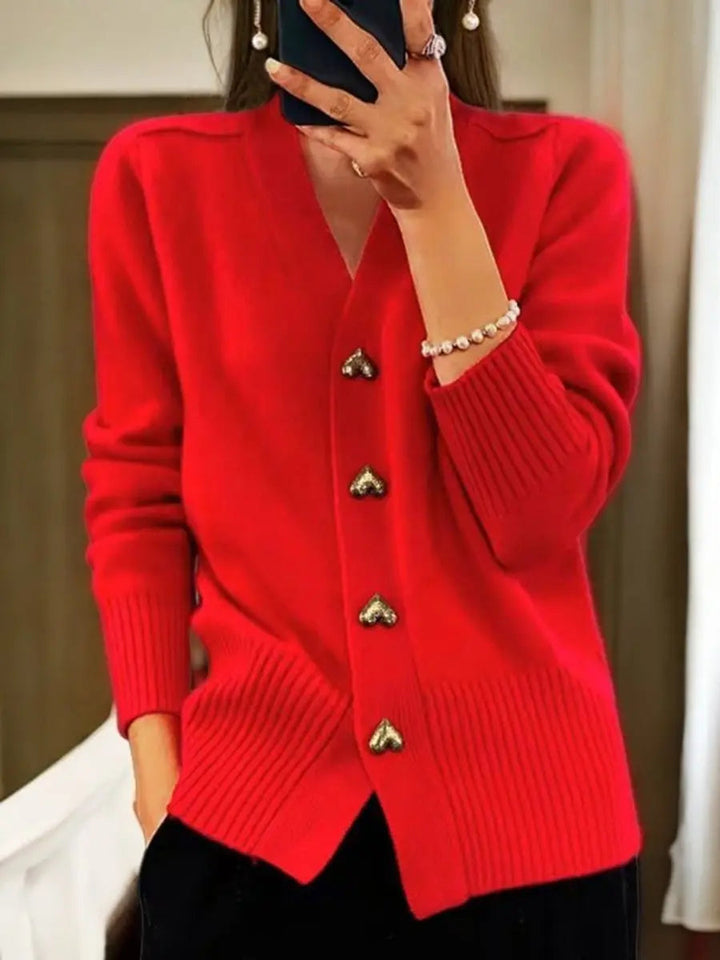 Long cardigan with V-neck and heart-shaped buttons