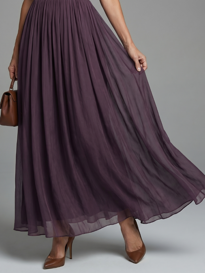 Women's Maxi Dress with Pleated Waist and Sheer Sleeves
