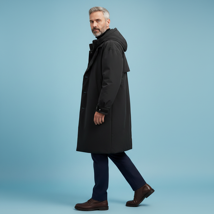 Men's Waterproof Hooded Trench Coat, Long Rain Jacket for City and Travel